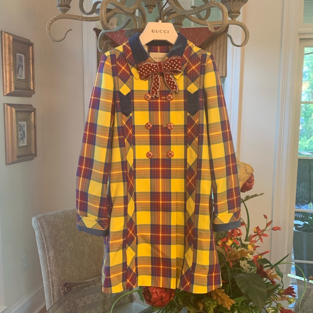 { Gucci } Checkered Plaid Acid Yellow Peacoat Girl - Picture 4 of 8